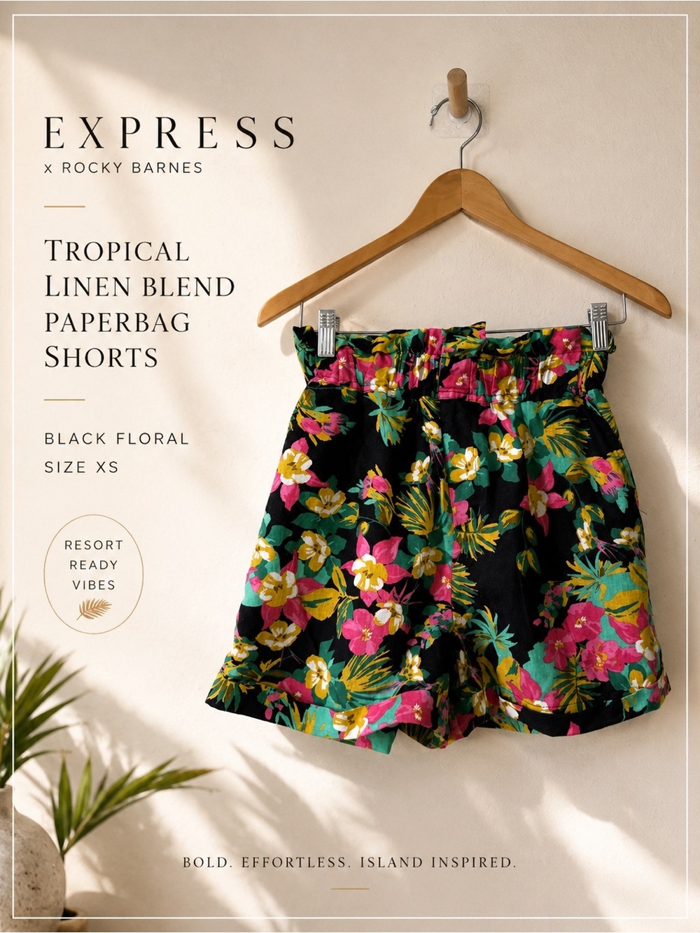 Express x Rocky Barnes Tropical Linen Blend Paperbag Shorts Black Floral XS
